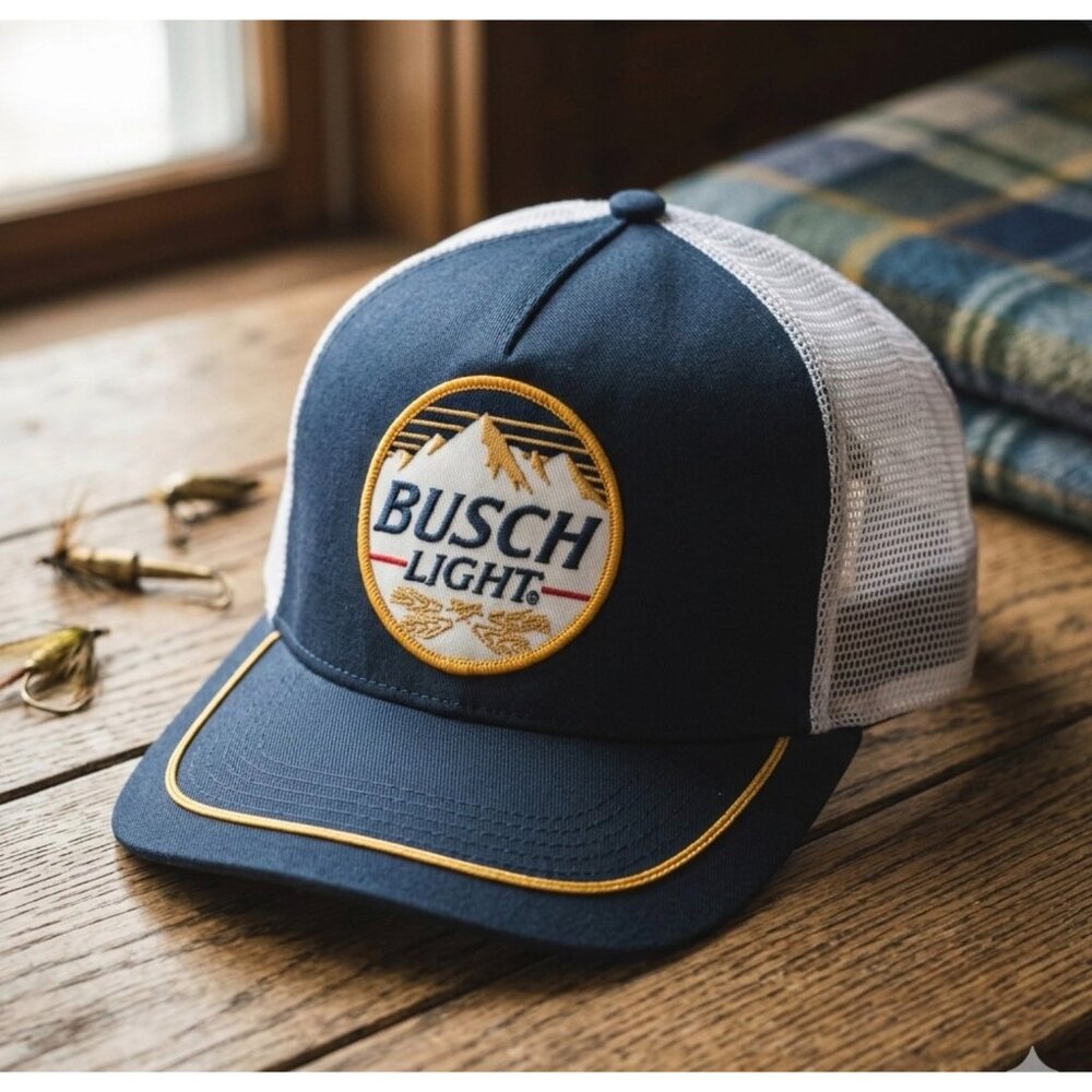 Busch Light Navy & White Trucker Hat With Embroidered Logo & Mesh Back
